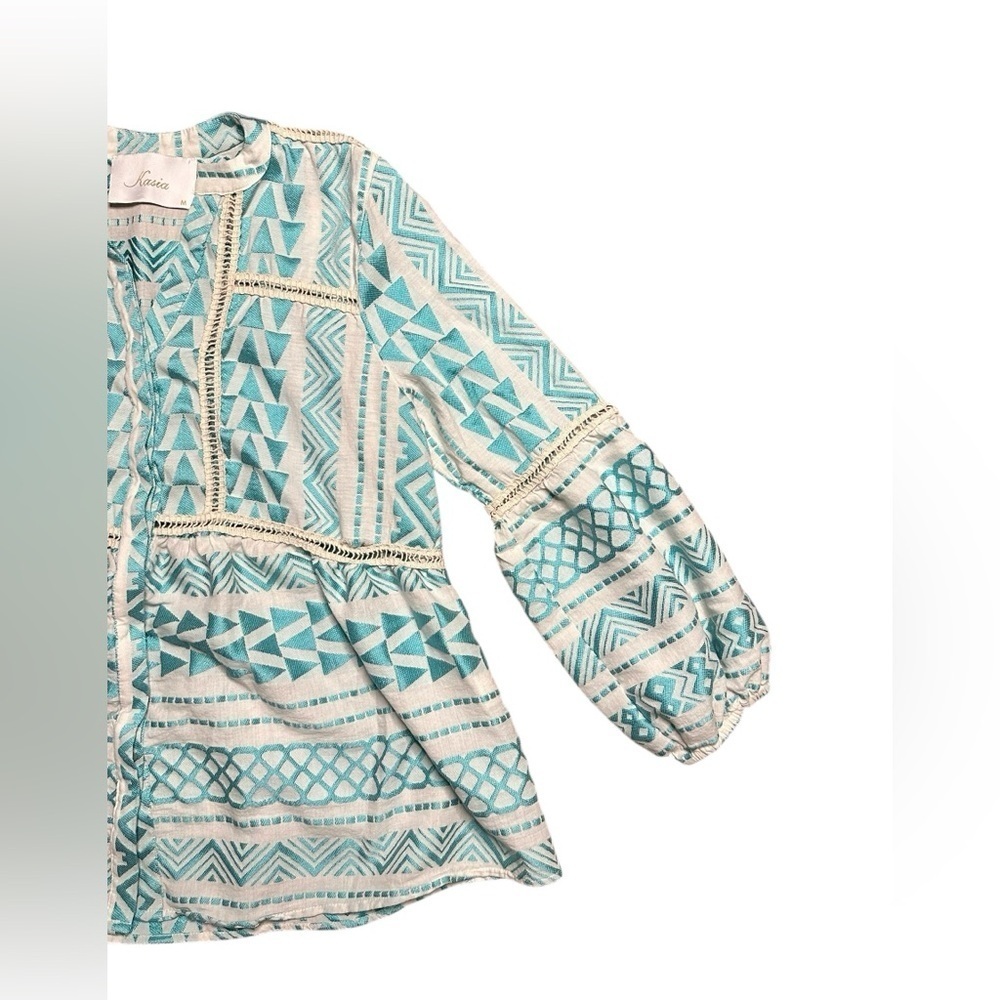 Kasia Cut Out Embroidered Balloon Sleeve Boho Blouse Turquoise Medium - Picture 4 of 7